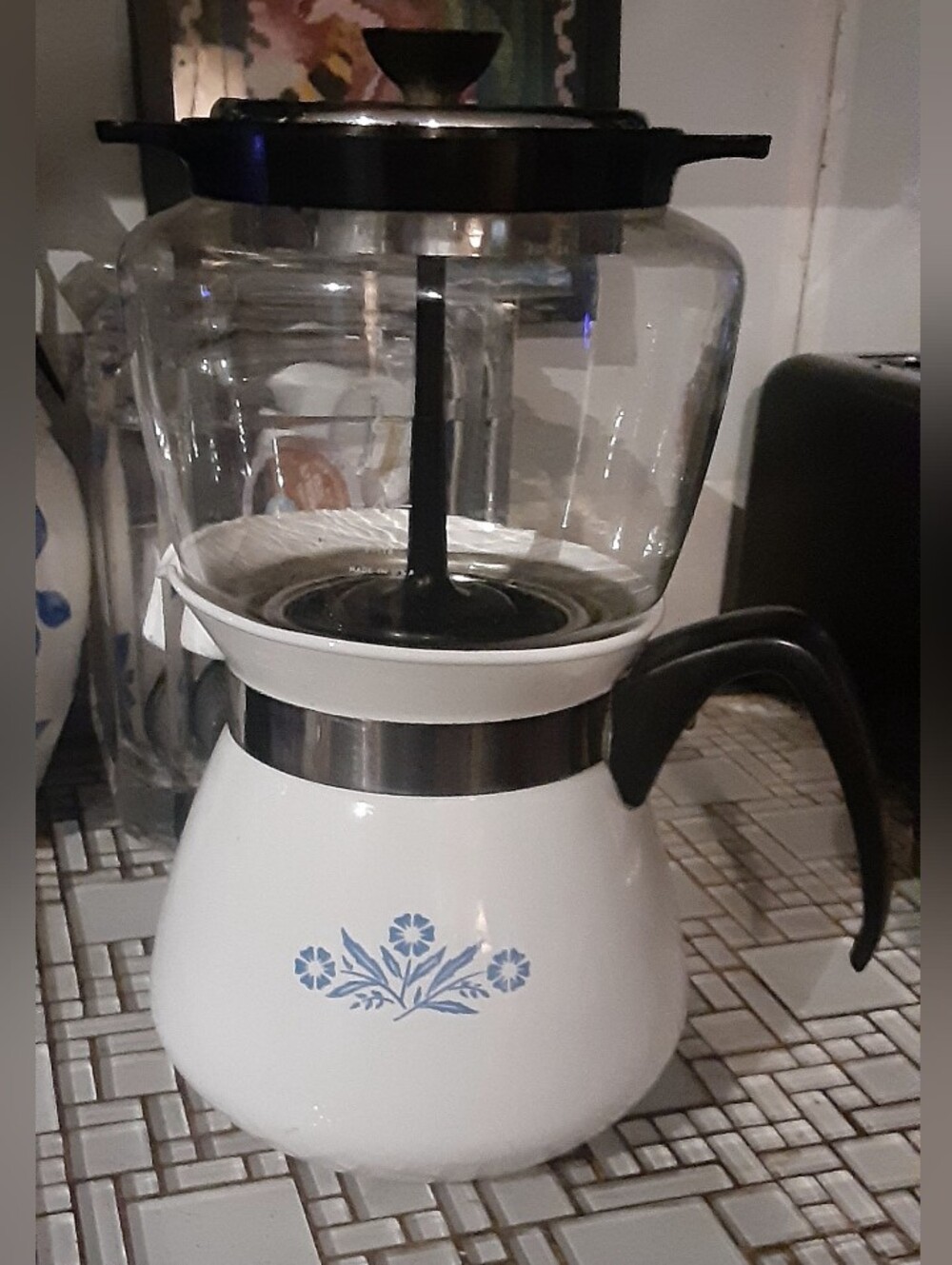 1960's Corning Ware BLUE CORN FLOWER  Coffee Drip O Lator 2 Qt 8 Cup MINT!